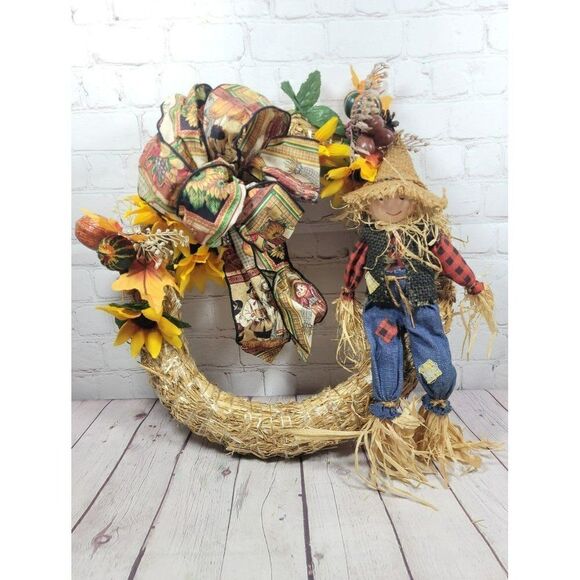 Vintage Seasonal Fall Scarecrow Door Wreath - Picture 2 of 4
